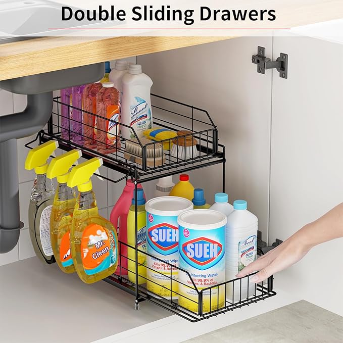 SUEH DESIGN Under Sink Organizers and Storage, 2 Tier Metal Under Sink Storage with Hanging Rail for Kitchen Bathroom Cabinet Organizer, 2 Pack-NeatNest