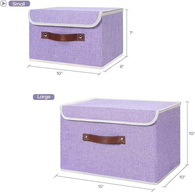ANMINY 2PCS Storage Bins with Lid PU Leather Handles Storage Boxes PP Plastic Board Decorative Foldable Lidded Cotton Linen Fabric Home Cubes Baskets Closet Organizer Containers - Purple, Small Size-NeatNest