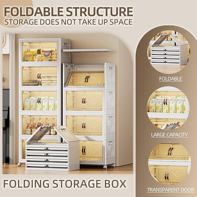 424 QT / 106 Gal Magnetic Door Storage Bins Collapsible Stackable w/1 Lid, Heavy Duty Plastic Cabinet with Wheels for Home Office Organization (White)-NeatNest