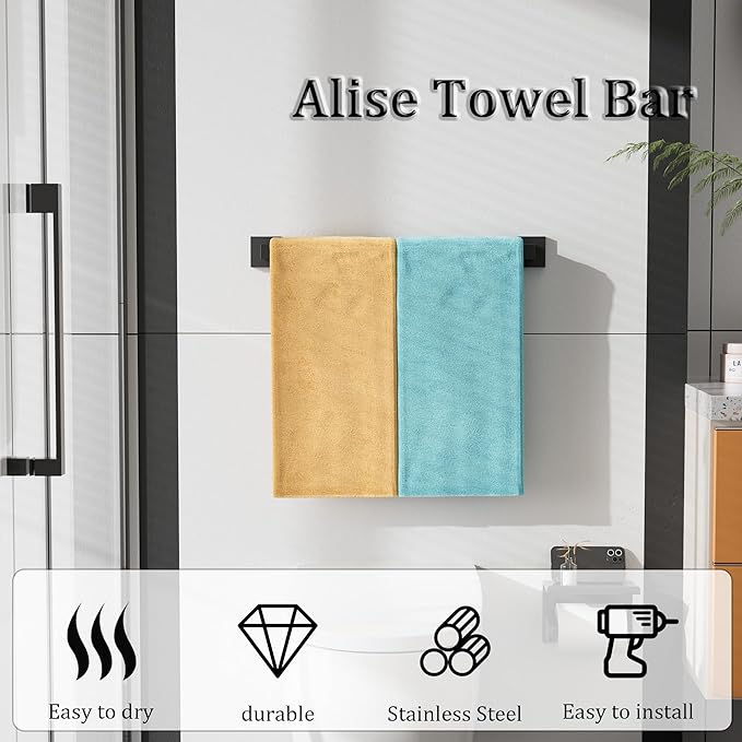 Alise Black Towel Bars,19.7 Inch Towel Holder Towel Racks for Bathroom and Lavatory,SUS304 Stainless Steel Hand Towel Hanger Rail Wall Mount,Useable Length 17.91 Inch Towel Bar, GYT050-B