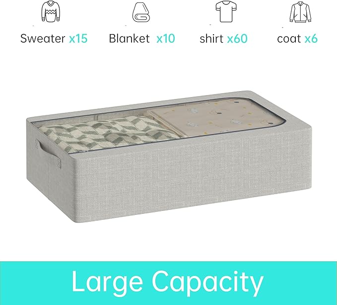 3PCS Under Bed Storage Bins with Metal Frame, Linen Fabric Frame Storage Box Clothes Organizer Bins, Underbed Container with Clear Window (Light Grey, 23.6 x 13 x 6IN)-NeatNest