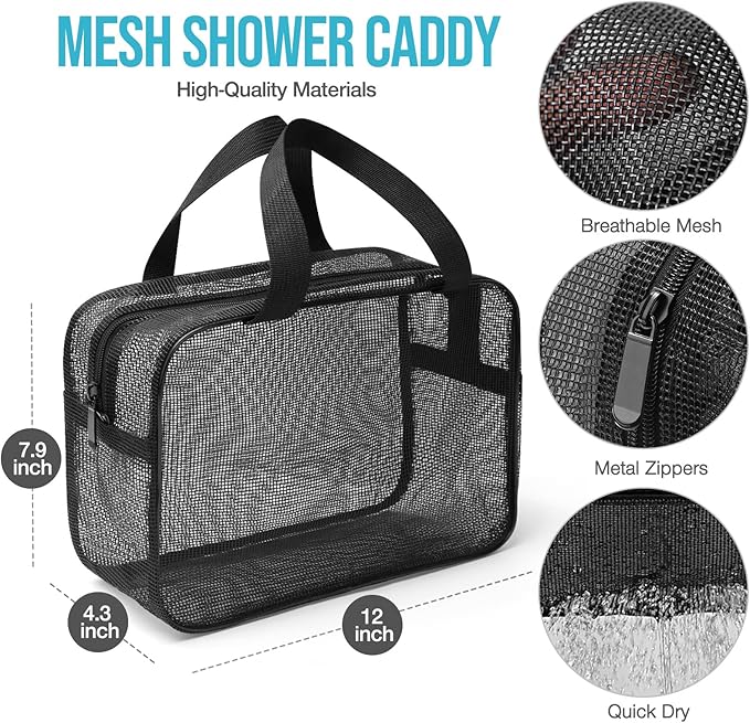 Mesh Shower Caddy Mash Shower Bag Black Portable Mesh Accessories Organizer Tote for Gym College Dorm Room (Black-Large)-NeatNest