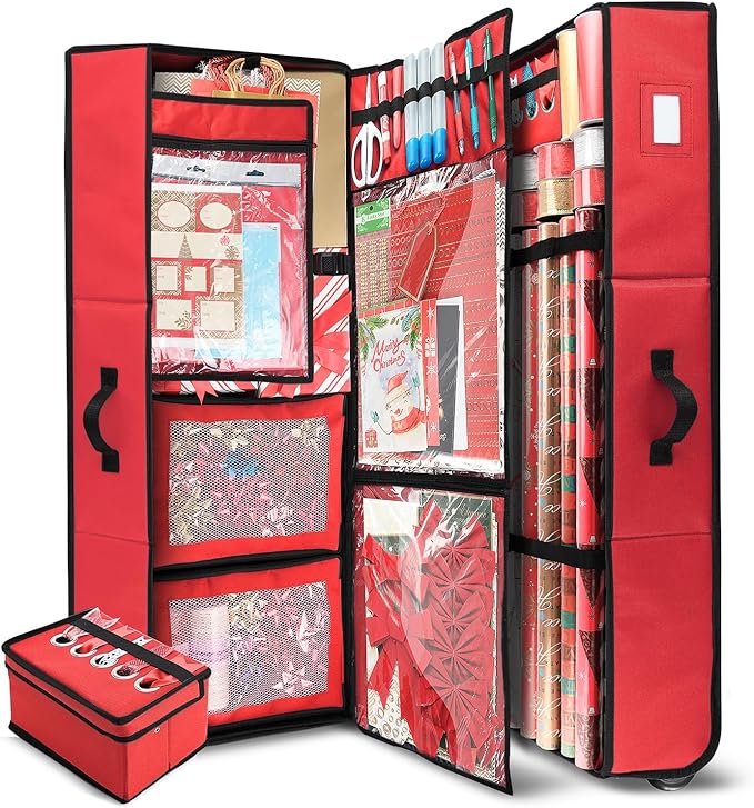 Hearth & Harbor Wrapping Paper Storage Container with Ribbon Dispenser and Interior Pockets - Large Christmas Storage Containers with Wheels, Fits 30 Rolls of 40" Length, Red-NeatNest