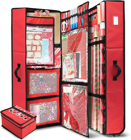 Hearth & Harbor Wrapping Paper Storage Container with Ribbon Dispenser and Interior Pockets - Large Christmas Storage Containers with Wheels, Fits 30 Rolls of 40" Length, Red-NeatNest