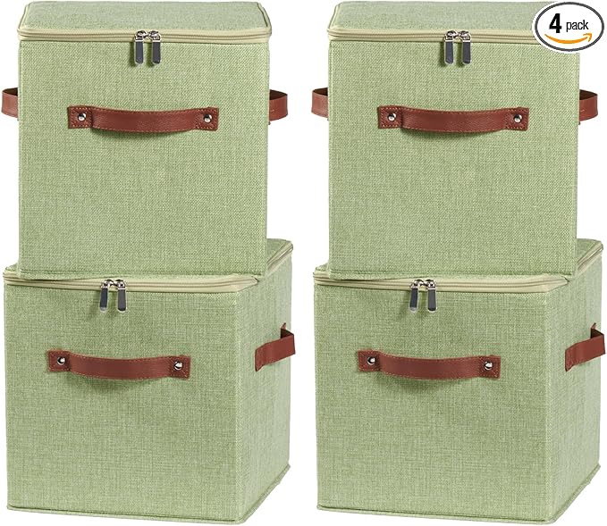 4PCS Storage Cubes with Lid Fabric Storage Bins Boxes PU Leather Handles Cotton Linen Closet Organizer Container Decorative Foldable Washable Shelf Cloth Basket (Zipper Lid, Green, 11in)-NeatNest