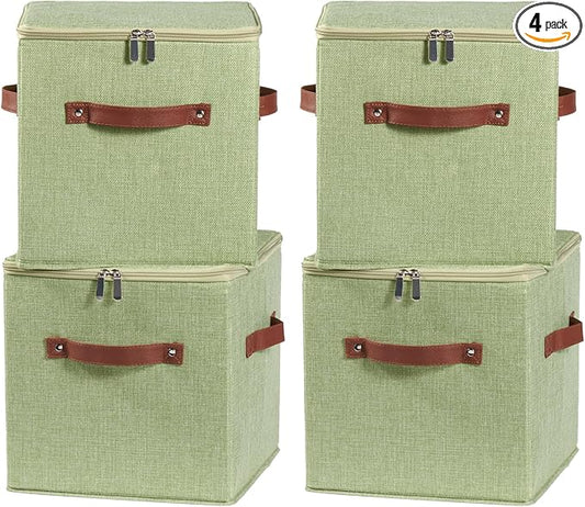 4PCS Storage Cubes with Lid Fabric Storage Bins Boxes PU Leather Handles Cotton Linen Closet Organizer Container Decorative Foldable Washable Shelf Cloth Basket (Zipper Lid, Green, 11in)-NeatNest