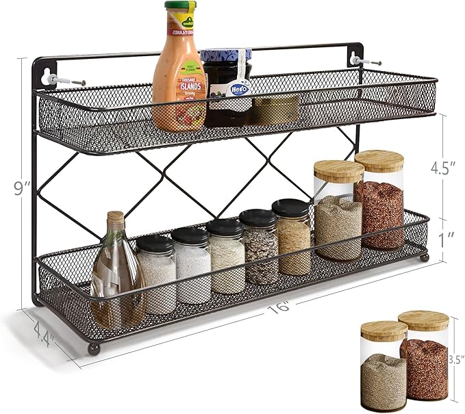 2 Tier Metal Kitchen Counter-top or Wall Mount Spice Rack, Jars Storage Organizer, Cabinet Holder, spice seasoning organizer for Partry (Bronze)-NeatNest