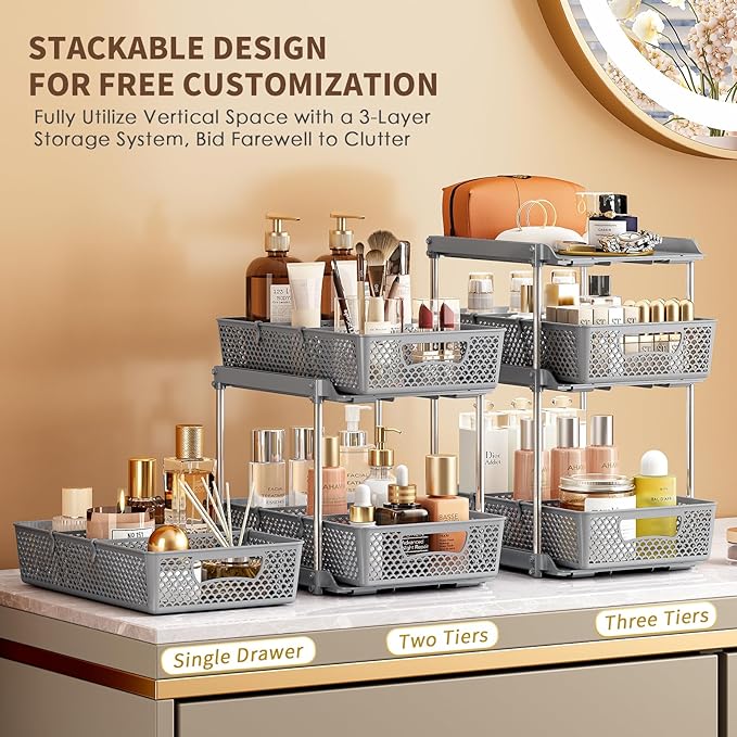 2Pcs 3 Tier Bathroom Organizers, WIDER BOLDER Pull Out Under Sink Organizer with Dividers, Kitchen and Bathroom Storage Cabinet - Gray-NeatNest