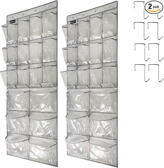 2 Pack Extra Large Hanging Crystal Clear Over Door Shoe Organizers, Closet Shoe Rack Organizer, 12+6 Pockets, 8 Hooks, Grey (59" x 21.6")-NeatNest