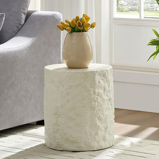 kevinplus Round Side Table End Table for Living Room, Modern Contemporary Faux Stone Style Fiberglass Material, No Assembly (Beige, ø15.7'' x 17.7'')
