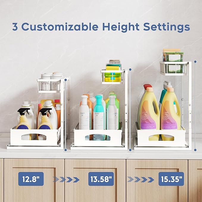 Under Sink Organizer, 2 Pack Height Adjustable Cabinet Organizer with Slide Out Drawer, Pull Out Under Sink Storage, Multi-Purpose 2 Tier Sink Shelves for Kitchen Bathroom Pantry (White, 2 Pack)