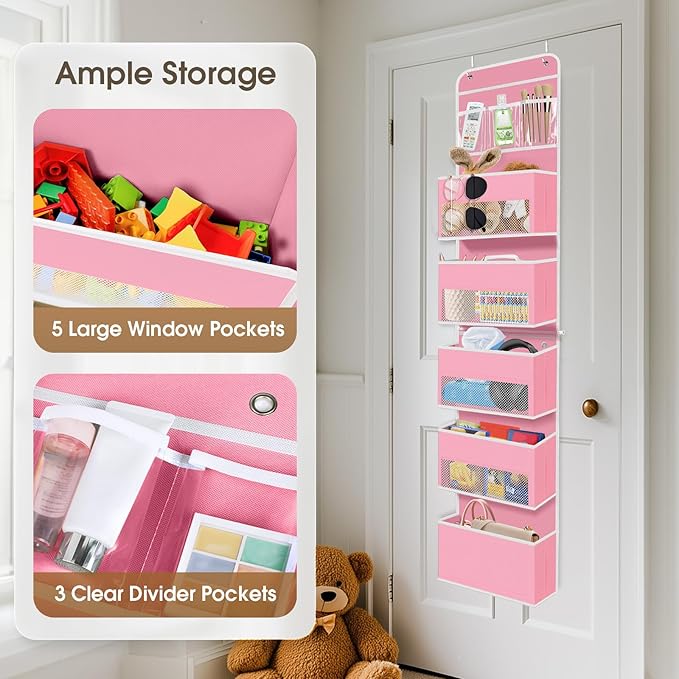 6-Tier Over The Door Organizer Hanging Storage Organizers with Clear Window 40lb Large Capacity Room Organizer for Pantry Bathroom Nursery Closet(Pink)-NeatNest