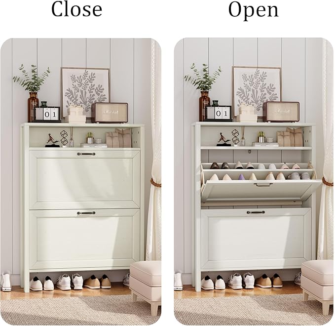 Shoe Cabinet with 2 Flip Drawers, Narrow Shoe Storage Cabinet, Freestanding Shoe Cabinet Organizer, Hidden Shoe Rack Cabinet for Entryway, Hallway (2-Drawers, Off White)-NeatNest