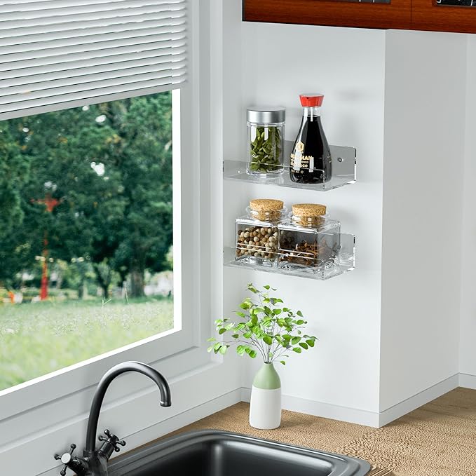 7'' Clear Acrylic Wall Shelf 2 Pack, Acrylic Floating Shelves, Acrylic Small Shelf for Books, Home Décor, Digital Clock, Speaker, Wine Bottle-NeatNest