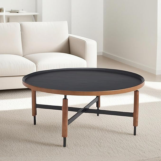 LukeAlon Modern Round Coffee Table Circle Wooden Table Top with Black Cross Legs Base, Rustic, Vintage, Living Room Easy Assembly, Black(31" D x 31" W x 13.5" H)