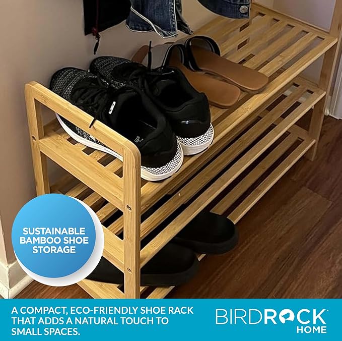 BirdRock Home Bamboo Shoe Rack Organizer for Entryway, Closet, or Front Door - Stackable Wooden Storage Shelf for Small Spaces, Indoor or Outdoor, Decorative Brown Madera - Elegant, Simple - 3 Tier-NeatNest