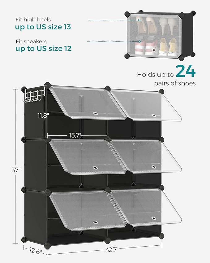SONGMICS Shoe Rack Organizer, 6-Tier Shoe Storage Cabinet for Closet and Entryway, Holds 24 Pairs of Shoes, Adjustable, Black ULPC033B01-NeatNest