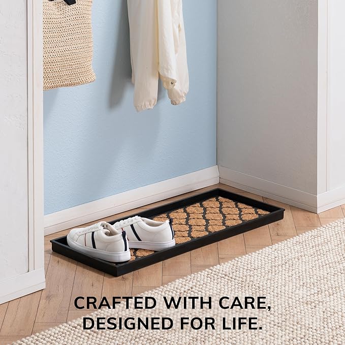 Anji Mountain Heavy Duty Waterproof Rubber Shoe Storage Mat Organizer/Boot Storage Tray Multi Use for Entryway with Coir, Tan Insert, Fits 3 Pair (34.5" Wide)