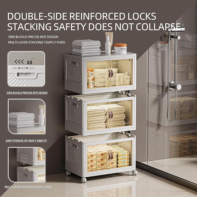 200 QT / 50 Gal White Storage Bins with 1 Lid - Collapsible Stackable Cabinet Organizer w/Wheels & Magnetic Doors, Plastic Storage Box for Office Closet Organization-NeatNest
