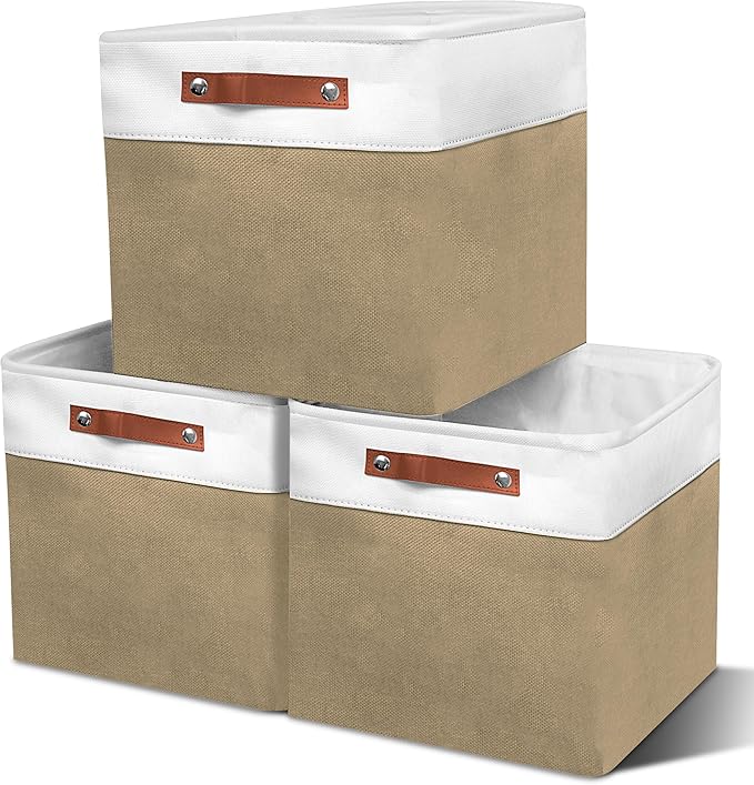 12in Open Fabric Storage Basket with Leather Handles for Organizing, Collapsible Linen Closet Bins for Shelves, Closets, Laundry, Decorative Basket for Gifts. (White＆Khaki, 3PCS/12x12in)-NeatNest