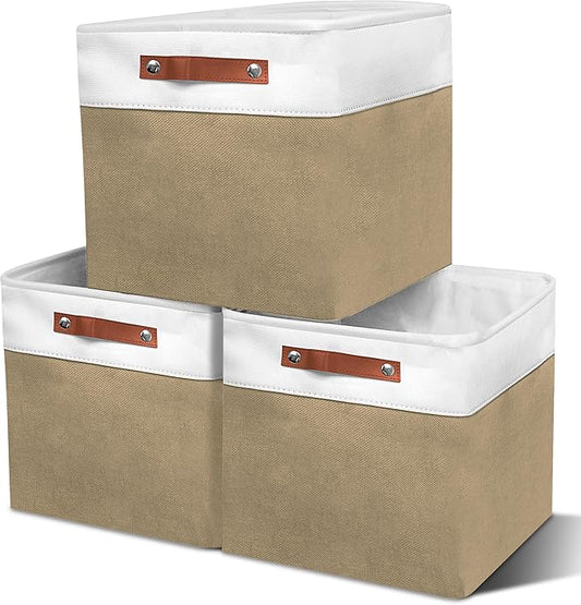 12in Open Fabric Storage Basket with Leather Handles for Organizing, Collapsible Linen Closet Bins for Shelves, Closets, Laundry, Decorative Basket for Gifts. (White＆Khaki, 3PCS/12x12in)-NeatNest