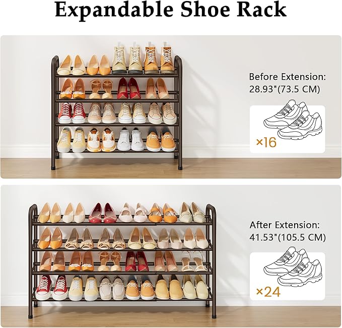 4 Tier Shoe Rack for Closet,Shoe Organizer, 28“ Metal Shelf Can Expandable to 42“, for Bedroom, Entryway, Living Room, Garage, Adjustable to 24 Pairs Shoes, Rustic Brown-NeatNest