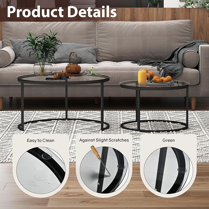 31.5" Nesting Coffee Table Set of 2, Round Nesting Coffee Tables with Tempered Glass Top, End Tables with Metal Frame for Living Room, Bedroom, Grey Transparent Glass