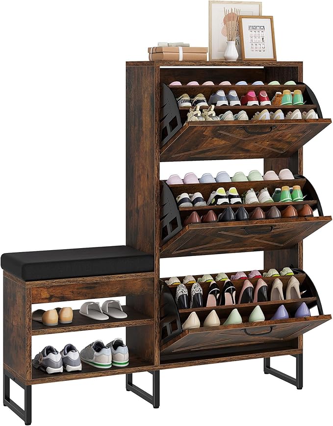 YITAHOME Farmhouse Shoe Cabinet with 3 Flip Drawers for Entryway, Shoe Storage Cabinet with Shoe Bench, Narrow Slim Shoe Rack Organizer for Entrance, Living Room, Hallway, Rustic Brown-NeatNest