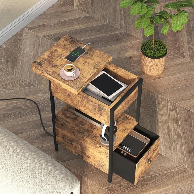 SOOWERY End Table with Charging Station, Narrow Side Table with Flip Top Cabinet and Fabric Drawer, Nightstand Bedside Tables for Small Spaces, Bedroom, Living Room, Rustic Brown