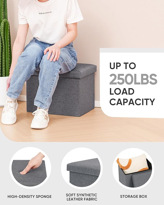 B FSOBEIIALEO Folding Storage Ottoman Cube Linen Ottomans for Living Room, Bedroom, Home Office, Dorm Storage Footrest Grey 16.5"x12.6"x12.6"