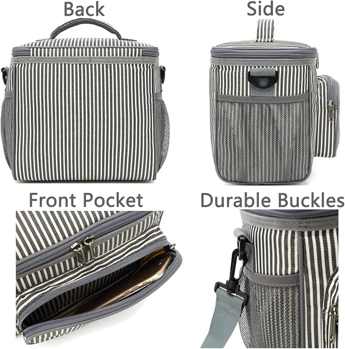 FlowFly Insulated Reusable Lunch Bag Adult Large Lunch Box for Women and Men with Adjustable Shoulder Strap,Front Zipper Pocket and Dual Large Mesh Side Pockets,Stripes-NeatNest