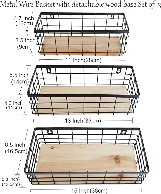 Metal Wire Basket Detachable Wood Base Storage Organizer Farmhouse Bin for Kitchen Cabinets, Bathroom, Pantry, Laundry Room, Closets Set of 3,Black Color