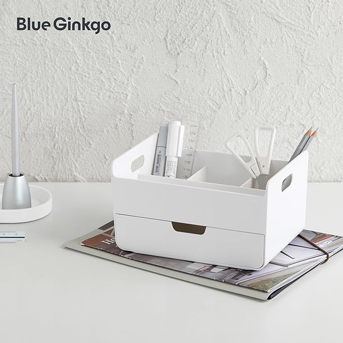 BLUE GINKGO Portable Desk Organizer – Compact 3 Compartment, Half-drawer Storage – Pen Holder, Stationery Desktop Organizer for Office, Makeup, Crafts (Made in Korea, White)-NeatNest