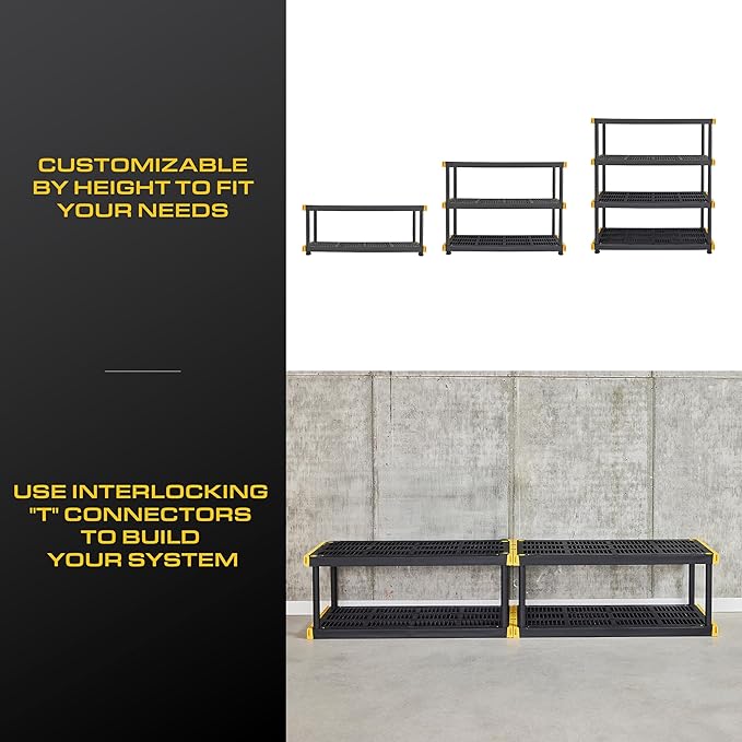 BLACK & YELLOW, 4-Tier Heavy Duty Plastic Storage Shelving Unit, 200lbs/shelf (55"H x 48"W x 20"D), for Indoor/Outdoor Organization, Modular Rack-NeatNest