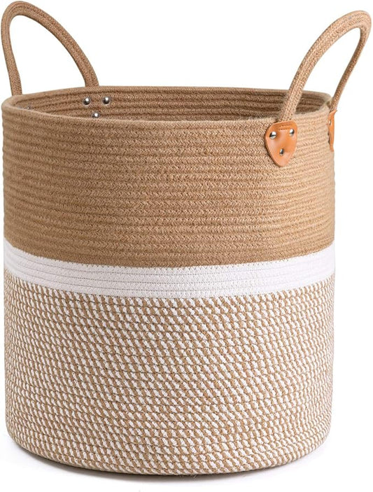 CHICVITA Extra Large Woven Storage Basket with Handles – Laundry Basket Toy Towels Jute Blanket Basket Home Decor Gift, 16" x 16", White-NeatNest