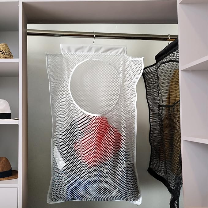 Hanging Mesh Laundry Hamper (30in*20in*2in) Large Dirty Clothes Bag, Can Be Used Behind The Door & Closet & Caravan& Bathroom (White)-NeatNest