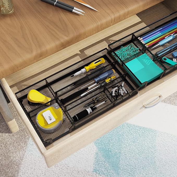 Desk Drawer Organizer, Metal Mesh Dividers Organizer (Blak-2P, Small)-NeatNest