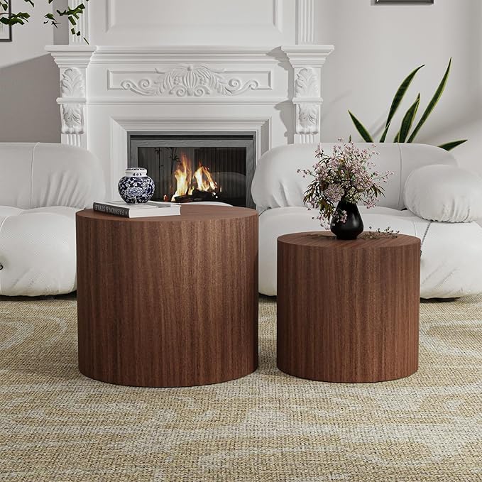 Round Wood Coffee Table Set of 2 Modern Circle Nesting Coffee Table Handcrafted Drum Nesting Table Nesting Coffee Tables for Living Room for Small Space (Dark Wood (D18.2+D14.6 inch))