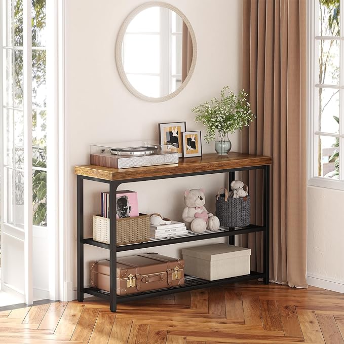 47" Console Table, 3-Tier Entryway Table, Sofa Table with Mesh Shelves, Console Tables for Living Room, Bedroom, Hallway, Entryway, Foyer, Rustic Brown-NeatNest