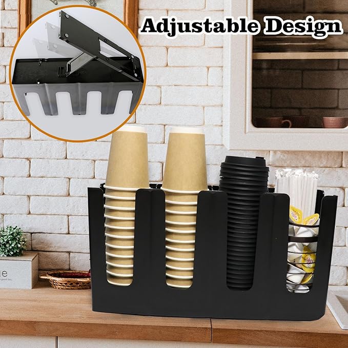 2 Pack Paper Cup and Lid Holder, Adjustable Coffee Cup Holder with Straw Organizer, 4 Compartment Disposable Cup Dispenser with Coffee Pod Basket for Countertop Coffee Station Bar Breakroom, Black-NeatNest
