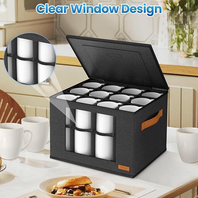 2-Layer Coffee Mug Storage Box with Dividers, Coffee Cup Storage Organizer with Zipper Lid and Handles, Stackable Mug and Cup organizer Service for 24 Coffee Mugs, Cups and Glasses, Dark Grey-NeatNest