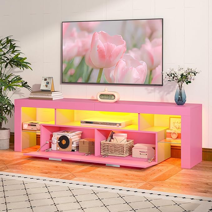 Clikuutory Modern Lighting 63 inch TV Stand with Large Storage Drawer for 50 55 60 65 70 75 Inch TVs, TV Console with 20 Color LED Lights, Entertainment Center Media and Open Shelf for Bedroom, Pink-NeatNest