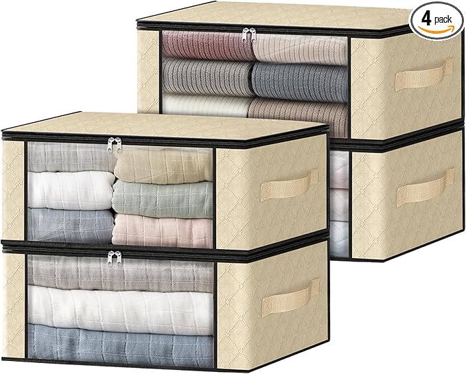 HomeHacks Storage 4-Pack Clothes Organizer Storage Bags Foldable Storage Box with Large Clear Window Sturdy Handles for Closet, Dorm, Pillows, Bedding, Clothes, Blankets, 35L, Beige-NeatNest