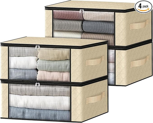 HomeHacks Storage 4-Pack Clothes Organizer Storage Bags Foldable Storage Box with Large Clear Window Sturdy Handles for Closet, Dorm, Pillows, Bedding, Clothes, Blankets, 35L, Beige-NeatNest