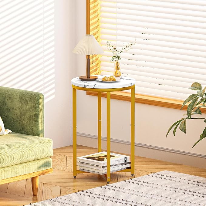 DKLGG Modern Gold Side Table Set of 2, Small Coffee Table Round End Table with Gold Frame, Faux Marble Side Table Bedside Table for Living Room, Bedroom, Small Space, 16" D*24" H