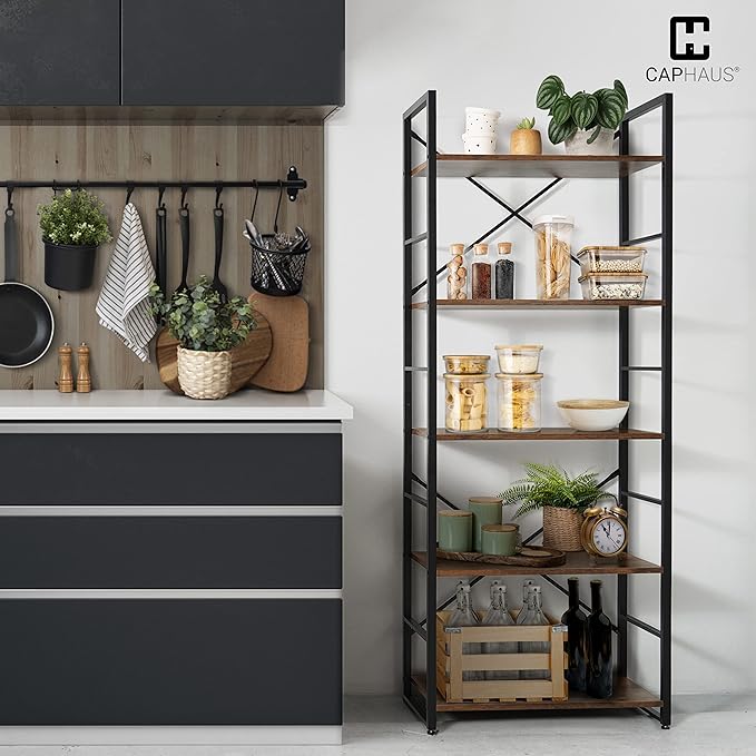 CAPHAUS 5 Tier Bookshelf, 24 Inch Width Free Standing Shelf, Bookcase Shelf Storage Organizer, Industrial Book Shelves for Home Office, Living Room, Kitchen, Rustic Oak-NeatNest