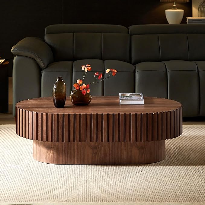 KEVINSPACE Oval Coffee Table 43.7" Wood CoffeeTable for Living Room Drum ModernCoffeeTable TeaTable Wooden Coffee Tables PedestalCoffeeTable Home Furniture Office Apartment Walnut
