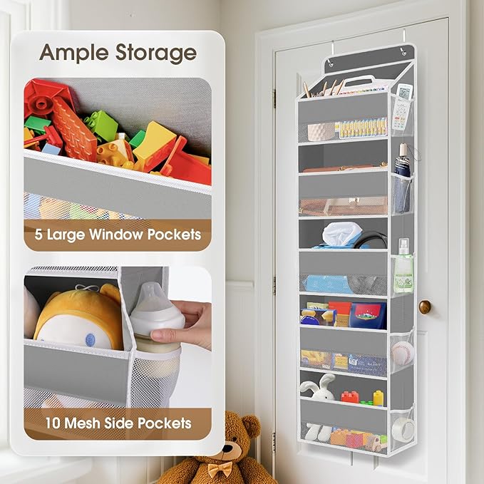 1 Pack Over The Door Organizer, Hanging Storage Organizer with Clear Window, 40lb Ultra Sturdy Large Capacity Room Organizer for Pantry Laundry Bathroom Nursery Closet Baby Essential (Grey)-NeatNest