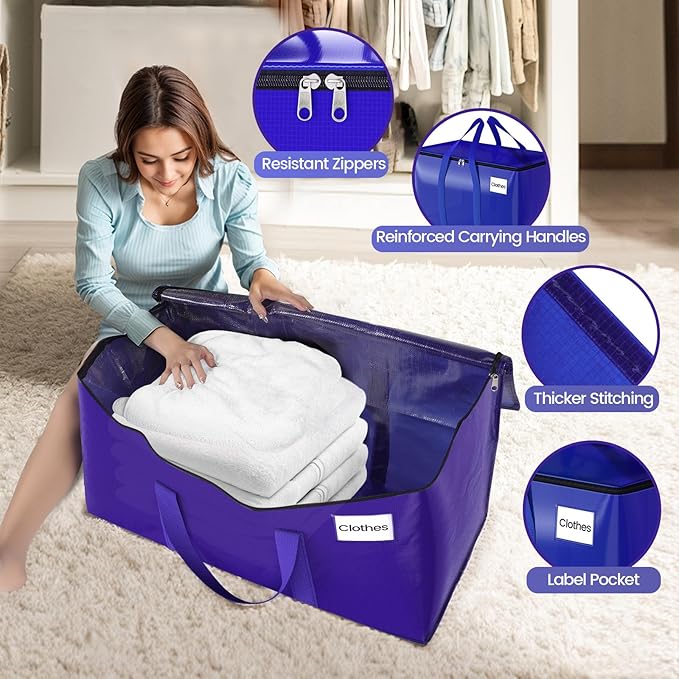 10Pack Moving Storage Bags, Moving Supplies Packing Boxes for Moving, Camping, College Dorm Room Essentials for Girls, Blue Tote Bags, 93L Heavy-Duty Storage Bins With Lids And Zippers
