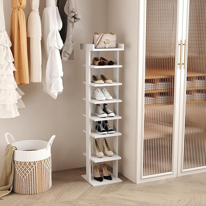 HOMEFORT 7-Tier Wood Shoe Rack, Entryway Shoe Tower,Vertical Shoe Organizer, Wooden Shoe Storage Stand, White-NeatNest